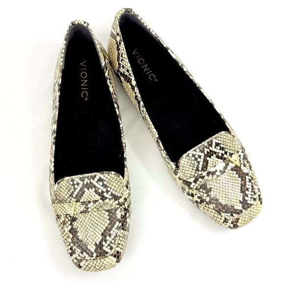 Vionic HAYES Cream Brown Snakeskin Print Slip On Orthotic Driving Loafers - Picture 3 of 16